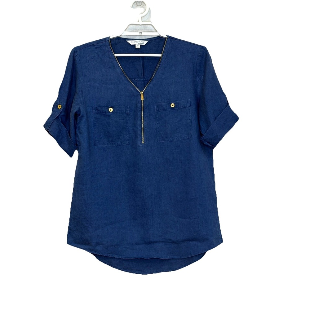 Ellen Tracy Tunic Top Size Medium Blue 100% Linen Short Tab Sleeve VNeck Coastal